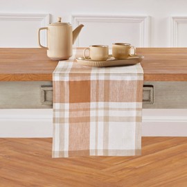 Solino Home Camino de Mesa de Lino a Cuadros 144 Pulgadas - 100% Lino Puro Cosecha de otoño Tartán Camino De Mesa 14 x 144 Pulgadas Ideal para Bodas - Fall Harvest Plaid