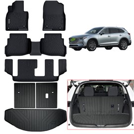 LJWAITO Floor Mats & Trunk Mat & Backrest Mat (Only Fit Sport Version) for 2016-2022 2023 Mazda CX-9 CX9 (7 Seats-2 Row Bench Seat) TPE All Weather Protection Floor Liners with Cargo Liners