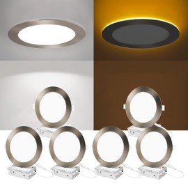 ZYC Recessed Lighting 6 Inch - 12W 1100LM LED Recessed Ceiling Light with Night Light,5CCT 2700K-5000K Selectable Ultra-Thin Lighting,Dimmable Canless Wafer Downlight,Pack of 6（Brushed Nickel）.