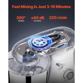 VEVOR Stand Mixer, 6 QT Dough Mixer, 660W 6 + P Speeds Tilt-head Food Mixer with Stainless Steel Bowl, Dough Hook, Wire Whip, Flat Beater, Scraper, Household Stand Mixer for Baking & Mixing, White