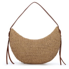 OPLERT Straw Shoulder Bag for Women Raffia Woven Tote Handbag Summer Beach Handbag Trendy Crescent Bag, brown