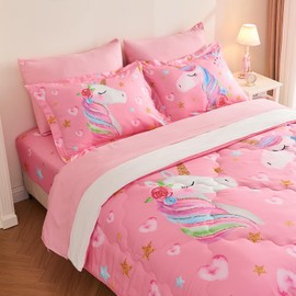 Wajade Pink Unicorn Comforter Set for Girls 7 Piece Cute Cartoon Bedding Set for Kids Twin Size as Birthday Gift with Comforter, Sheet Set, Pillowcase and Sham
