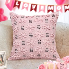 Best Mom Ever Pillow Cover Gifts for Mom from Daughter and Son, Mothers Day Pillow Covers 18x18 Pink Carnation Embroidered Soft Plush Faux Fur Pillowscase for Mother Birthday Gifts