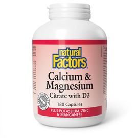Natural Factors Natural Factors Calcium & Magnesium Citrate with D3 Plus Potassium, Zinc & Manganese,180 Capsules, Helps to Reduce the Risk of Osteoporosis, Proudly Canadian