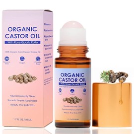 Organic Castor Oil Rose Quartz Roller Ball, Moisturizing Beauty Oil for Skin, Brows, Lashes, Cuticles, Hairline & Scalp Care Routine, Hexane-Free, Portable Nourishing Oil (1)