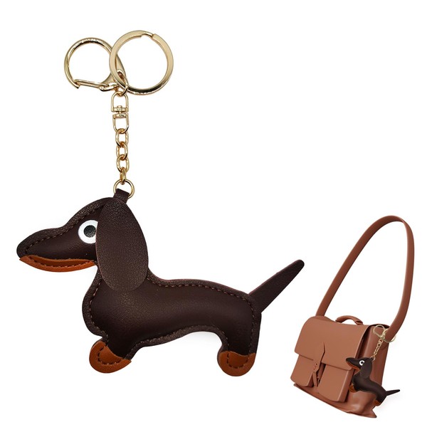 Vordpe Dog Dachshund Leather Key Fob, Animal Key Fob Lucky Charm, Dachshund Key Ring Gift for Favourite Person (Black), brown