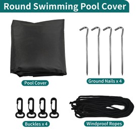 8FT Round Swimming Pool Cover, Heavy Duty 420D Oxford Fabric Garden Swimming Pool Dust Cover with Drawstring, Waterproof Round Pool Cover with Windproof Ropes and Ground Stakes