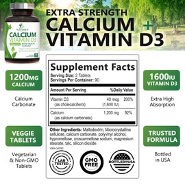 Calcium Supplement 1200 mg - with Vitamin D3 for Best Absorption - Supports Immune Health, Bones & Teeth - Nature's Calcium Carbonate + 1600 IU of D3 - Bottled in USA for Women & Men - 180 Tablets