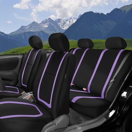 FH Group Unique Flat Cloth Full Set Car Seat Covers w. Silicone Steering Wheel Cover- Universal Fit for Most Cars, Trucks, SUVs or Vans (Purple/Black)