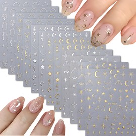 12 Blätter Silber Gold Mondstern Nagelkunst-Sticker - 3D selbstklebende Decals für Design und Decoration - Zubehör für Frauen