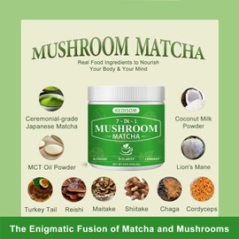 Mushroom Matcha, Adaptogenic Mushroom Blend with 6 Adaptogenic Mushrooms and Ceremonial-Grade Matcha for Energy, Focus, Digestion, Immunity with Turkey Tail, Shiitake, Lion's Mane, 45 servings