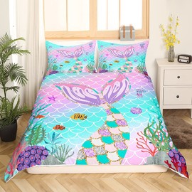 Mermaid Tail Duvet Cover Fish Scales Duvet Cover for Children Girly 135 x 200 cm Rainbow Bedding Set Ocean Life Sea Animal Bedding Sequins Pastel Pink Sequins Bedroom Decor