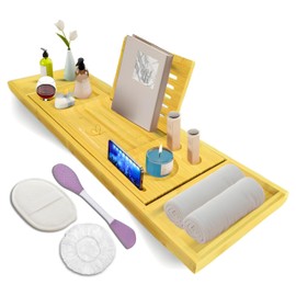 RS Sisters Collections LLC Premium Bathtub Tray with Accessories - Expandable Wooden Bath Tray, Hair Cap, Bath Sponge, Face Mask Brush