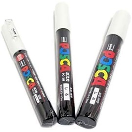 Uni POSCA White Fine Paint Marker Pens, 3 Different Point Sizes per Pack: PC-1M(0.7 mm), PC-3M(0.9~1.3 mm), PC-5M(1.8~2.5 mm) - total 3 pens
