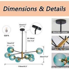 BOKT Modern Sputnik Chandelier 8-Lights Blue Glass Globe Chandelier Mid Century Pendant Light Fixture for Dining Room, Living Room, Island Kitchen, Bedroom