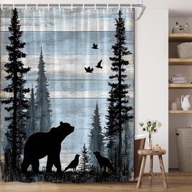 BCNEW Rustic Cabin Bear Forest Shower Curtain Polyester 70×70 Inch