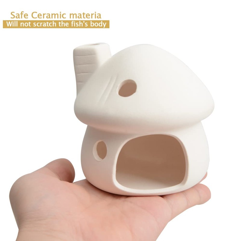 Ceramic Mushroom Aquarium Decor, Betta Fish Cave Hideout for Shrimp,
