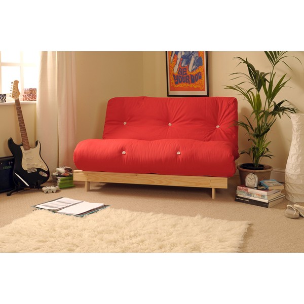 Comfy Living 4ft Small Double 120cm Wooden Futon Set with RED Mattress