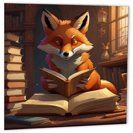 A Fox Reading a Book Birthday Card Greeting Card Foxes books 150mm x 150mm