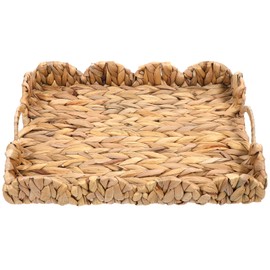 Wicker Scalloped Tray Hand-Woven Large Storage Baskets with Handles Square Rattan Tray with Built-in Handles Water Hyacinth Decorative Basket for Organizing Pantry Bathroom Toilet