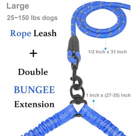 iYoShop Dual Dog Leash - 360° Swivel, No Tangle Walking Leash with Shock Absorbing Bungee for Two Dogs (Large, 25-150 lbs, Royal Blue)
