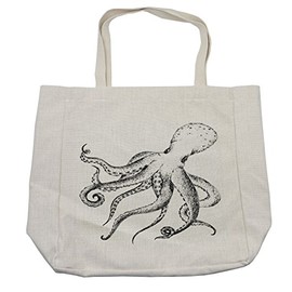 Lunarable Octopus Shopping Bag, Hand Drawn Image of Octopus Marine Wildlife Nature Print Nautical Themed Artwork, Eco-Friendly Reusable Bag for Groceries Beach and More, 15.5" X 14.5", Cream