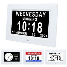 Johnziny 7 Inch Digital Clock with Day and Date for Elderly Large Display for Elderly Dementia Clock Customizable Alarms, 12 Alarms,4 Colors Display Digital Calendar Alarm Clock (White)