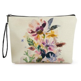 Botanical Flower Makeup Bags for Purse Zipper Cosmetic Pouch Large Travel Canvas Make Up Organizer Tool Pouch for Women and Girls