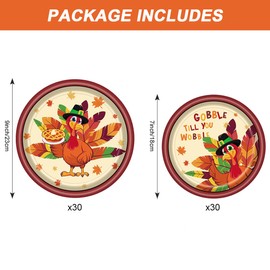 USUKUSI 60 Pcs Thanksgiving Paper Plates, One-Time Turkey Platter for Autumn Party, Maple Leaf Turkey Design Tableware, Picnic Carnival Dinner, 9 Inches Plus 7 Inches