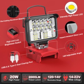 Cordless LED Work Light for Milwaukee 18v Battery, 20W 2000Lumen Portable Light for m18 Battery Powered Work Light Tool only with USB & Type-C Charging for Workshop, Car Repairing, Mechanics, Camping