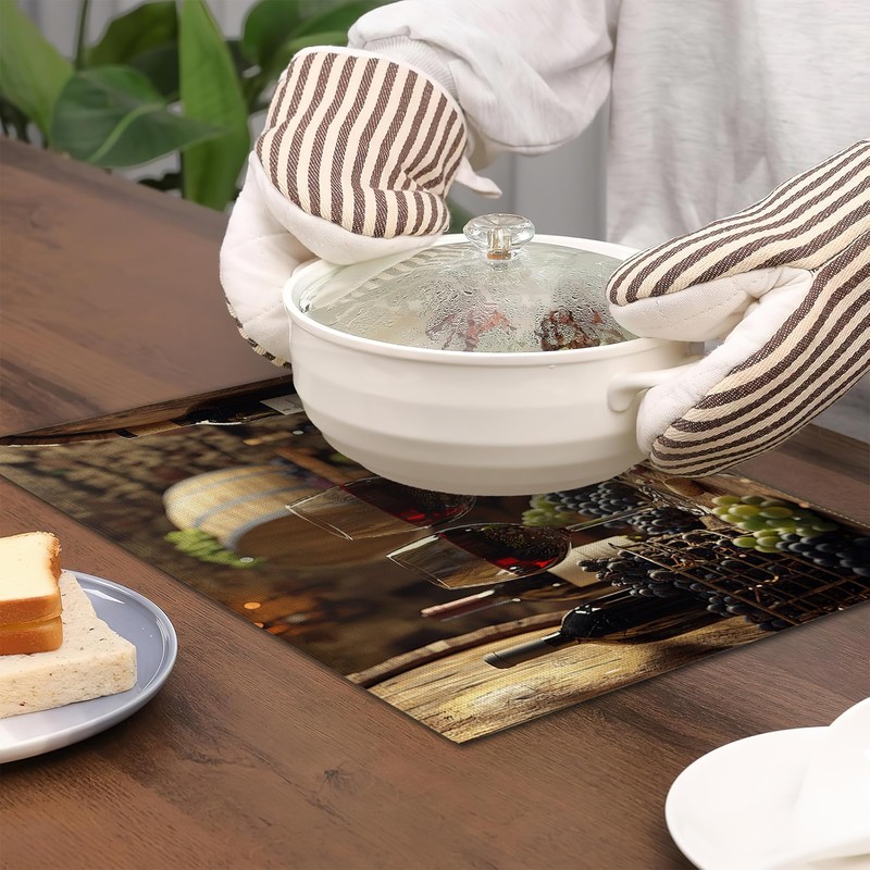 Red Wine Placemats Set of 6,Grape Wood Placemats Washable Kitchen
