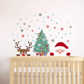 WALPLUS Peeking Santa & Rudolph with Christmas Tree Christmas Decorations Peel and Stick Wall Window Stickers Gift Home Living Room Xmas Gift