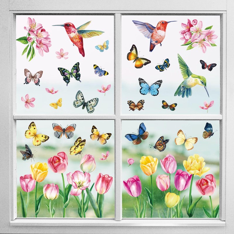 Konsait 9 Sheets Spring Flower Window Clings, Large Removable Butterfly