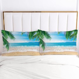 Damier Bed Linen 155 x 220 cm 3-Piece Beach Sea 3D Bed Linen Blue Green Beach Sea Duvet Cover Set Soft Microfibre Bed Linen for Room Decoration Hawaii Beach with Zip and 2 Pillowcases 80 x 80 cm