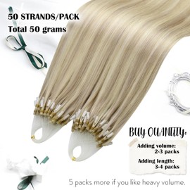 Moresoo Micro Ring Hair Extensions for Women Blonde Highlights Hair Extensions Micro Ash Blonde with Bleach Blonde Micro Loop Hair Extensions Human Hair 22 Inch 50g/50s