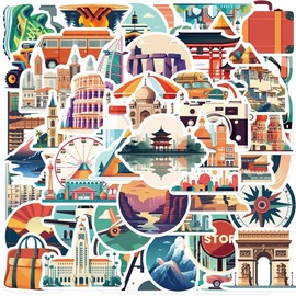 50 Pcs City Stickers World Travel Stickers Pack Travel Map Aesthetic Vintage Tourism Decals for Water Bottle Laptop Guitar Skateboard Car Bike Motorcycle Suitcase Luggage