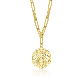 Agvana 14K Gold-Plated Women's Bee Chain, 925 Sterling Silver Round Plate Necklace Pendant Coin Chain, Simple Stylish Delicate Jewellery Gifts for Women, 16 + 2 Inches, Yellow Gold