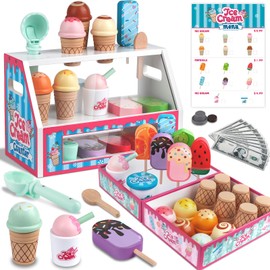 Wooden Ice Cream Toys Kids Toy Food for Toddler Girls 3+, Ice Cream Shop Playset, Pretend Play Kitchen Toys with Display Counter & Fake Money - Wooden Food Toys for 3 4 5 Year Old Girls Boys Birthday