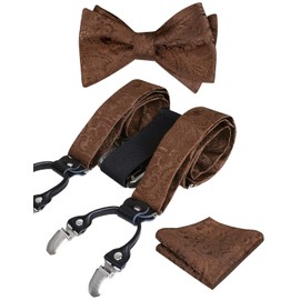 Alizeal Men's Adjustable Floral Paisley Self Tied Bow Tie, Pocket Square and Elastic Y Shape 6 Clips Suspenders Set, 076-Brown