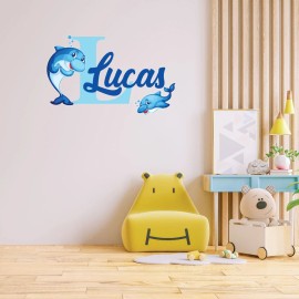 Kraftmatics Design Dolphins Custom Name and Initial Nursery Baby Boy Wall Decal Vinyl Sticker - 28" x 17"