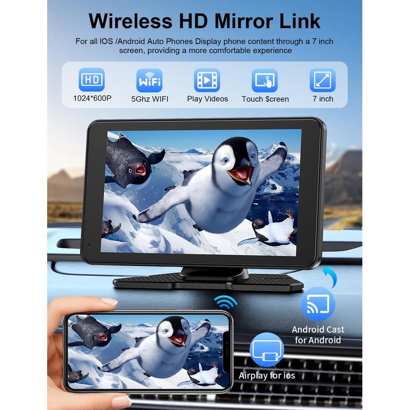 Apple Carplay Screen for Car, 7" HD Portable Car Stereo