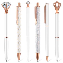 Qeeenar 6 Pcs Ballpoint Pens Set Metal Crystal Diamond Pen for Journaling Glitter Pretty Cute Stationery Black Ink Fancy Gifts for Women Girls Teacher Office Wedding School Supplies(White)