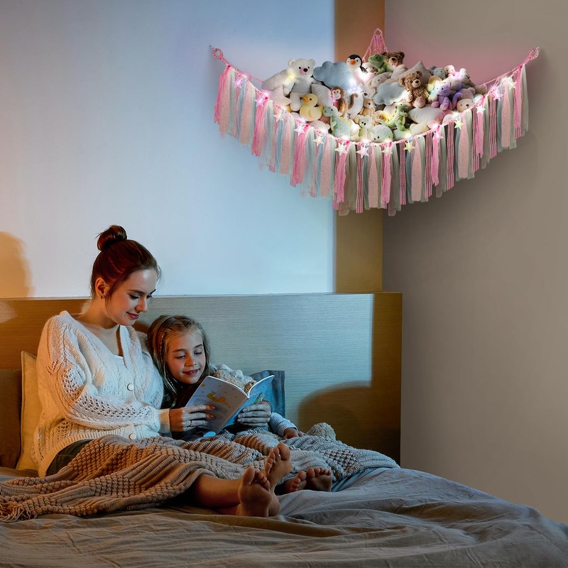 Teddy Hammock with LED Light, Boho Decor Plush Toy Storage