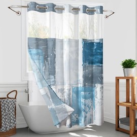 Hookless Shower Curtain with Snap Liner, Blue White No Hook Curtain Set, Abstract Bathroom Decor with See Through Top Window, 71x74 Inches
