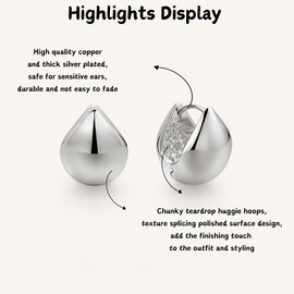 ZRU Chunky Silver TearDrop Hoop Earrings for Women | Thick Silver Plated Chunky Hoop Earrings | Waterdrop Hoops Fashion Statement Jewelry Gifts for Men Ladies