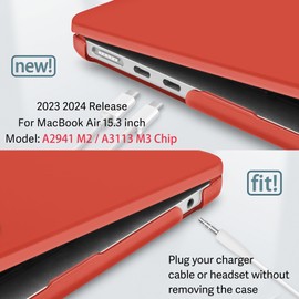Tuiklol for MacBook Air 15 inch Case 2024 2023 M3 M2 Clip, Model A3114 A2941 Hard Shell Case with Keyboard Cover & Screen Protector & OTG Adapter with Air 15.3'' M3 Cover,Matte Red