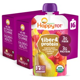 Happy Tot Organics Stage 4 Baby Food Pouches, Gluten Free, Vegan Snack, Fiber & Protein Fruit & Veggie Puree, Pears, Raspberries, Butternut Squash & Carrots, 4 Ounce(Pack of 16)