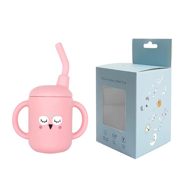 Silicone Sippy Straw Cup for Baby, Pink Cat Design, BPA