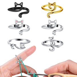 6Pcs Cute Cat Yarn Tension Ring, Adjustable Knitting Crochet Loops, Faster Knitting Thimbles Holders Accessories, Knitted Crochet Loop Rings, Crochet Rings for Mother Grandma Gifts