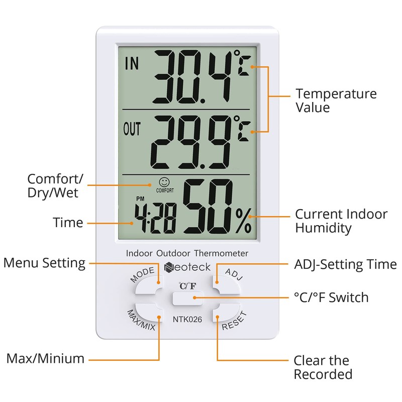 Neoteck 3 in 1 Thermometer Hygrometer with Clock Large LCD